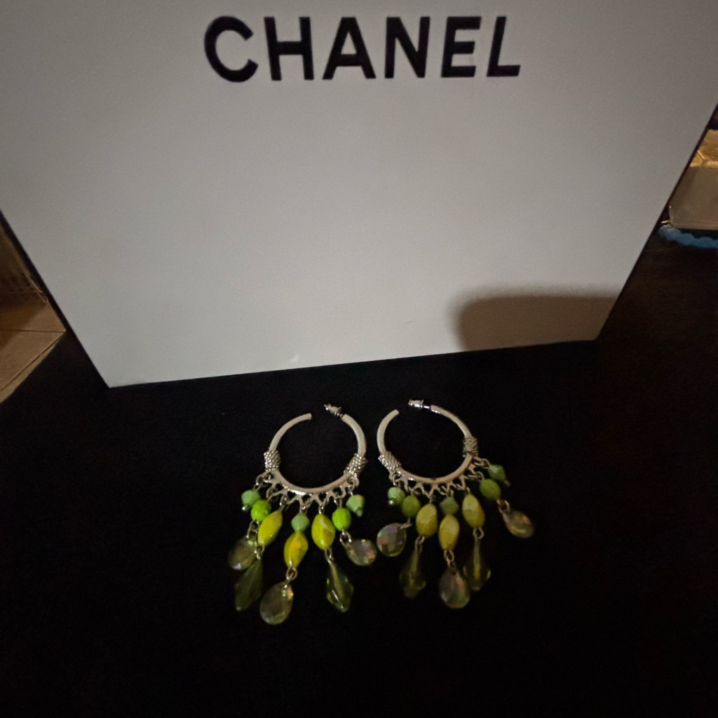 Green And Silver Chandelier Earrings With Cascading Beads